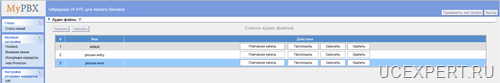 Yeastar MyPBX  Меню Аудиофайлы