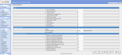 Yeastar MyPBX  Меню Настройка Функций