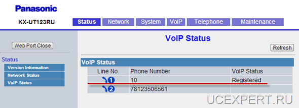 Рис. Web-интерфейсPanasonic KX-UT 113 / 123. VoIP status