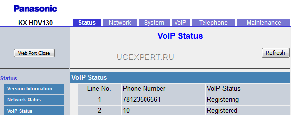 Рис. Веб-интерфейс. Меню VoIP Status