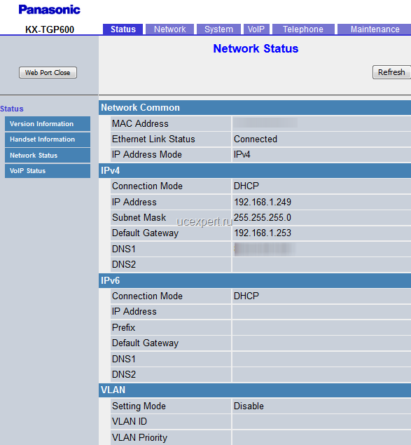 Рис. Меню “Network Status”. Panasonic KX-TGP600.