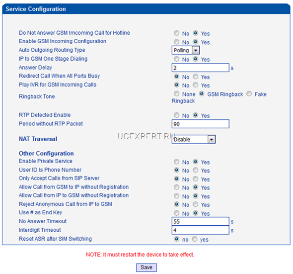Dinstar DWG2000D-32G -> Service Configuration