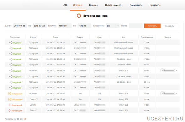 История вызовов и записи разговоров ВАТС